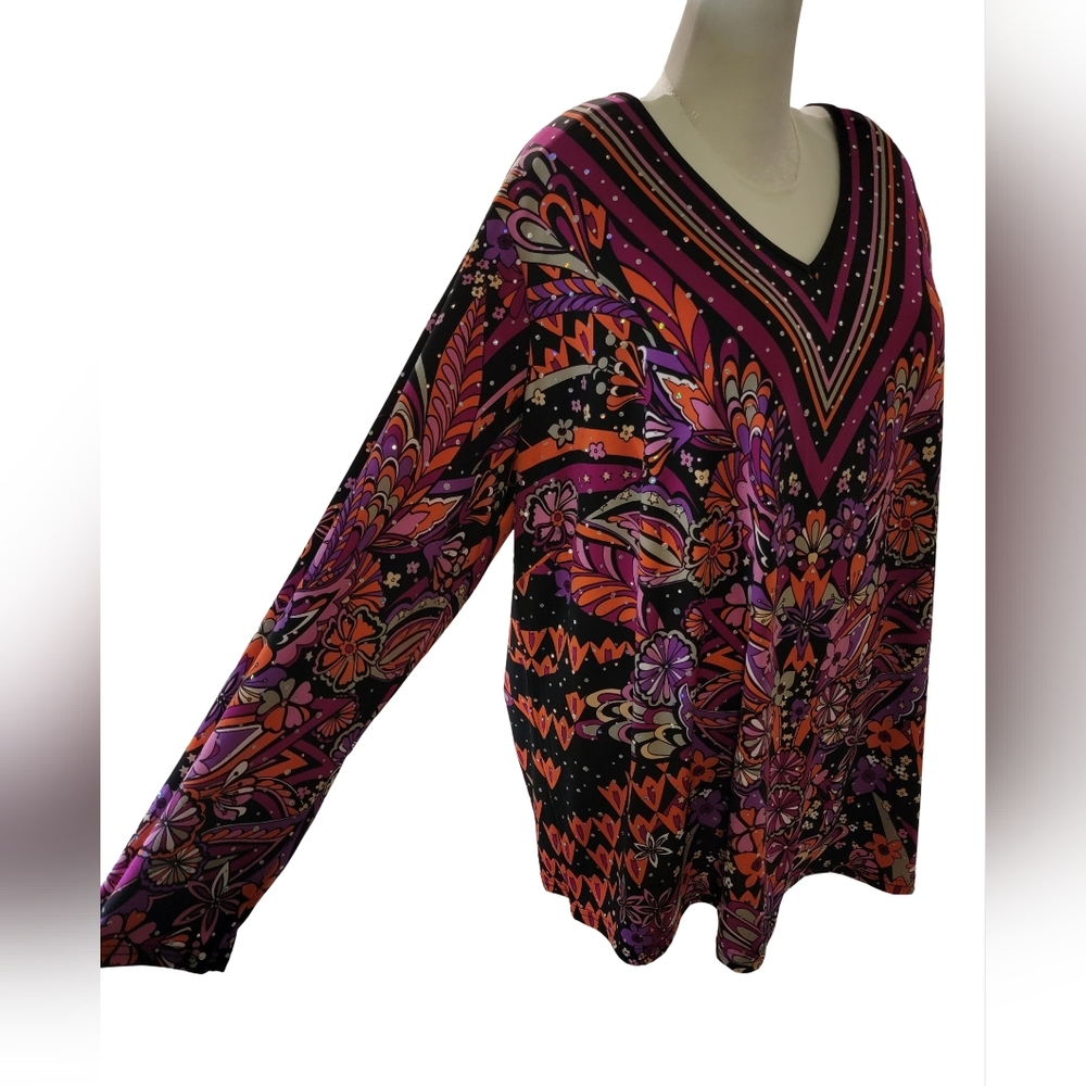 Bob Mackie Wearable Art Size 1X Black Pink Orange Boho Tunic Top with Sequins
